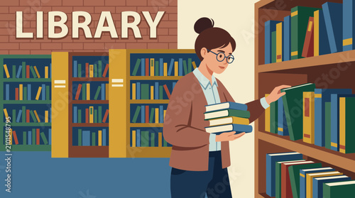 фотографія Teenage Woman Librarian Practicing Book Skills in Library