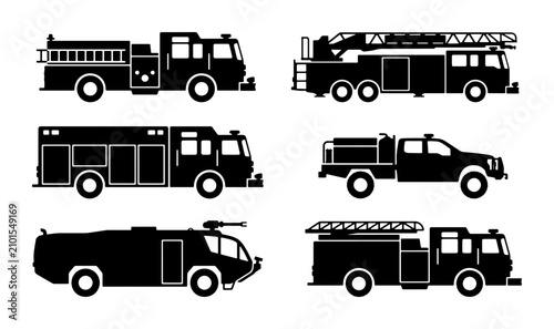 Obraz na płótnie Fire Truck Icons, Emergency Vehicle Silhouettes, Rescue Transport Vector Set, Fi
