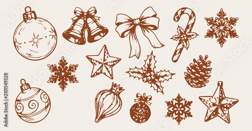 Obraz na plátně hand drawn christmas bells seamless pattern, vintage holiday ribbon vector illus