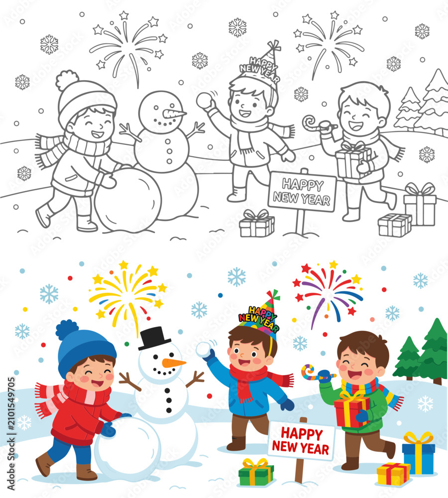 Fototapeta premium Happy New Year Winter Coloring Page with Kids and Snowman