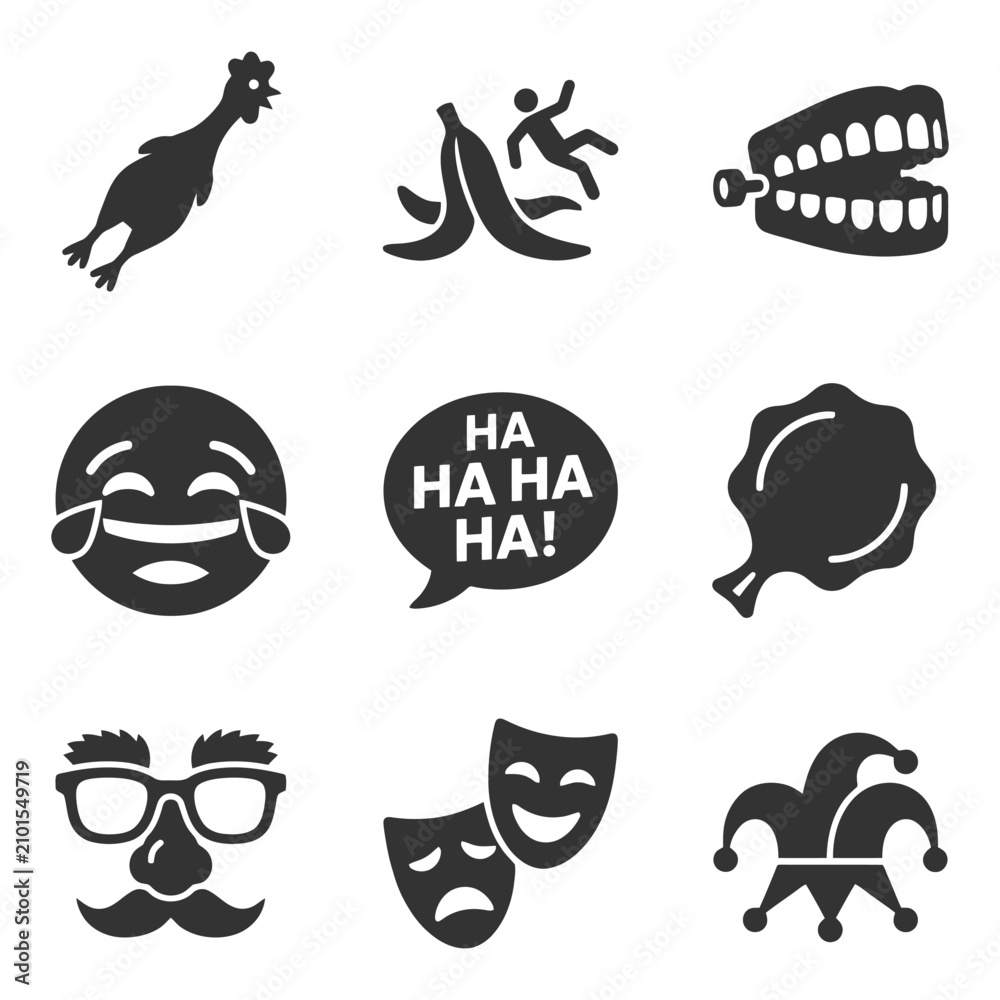 Fototapeta premium Black comedy icons: silly symbols of laughter and humor.