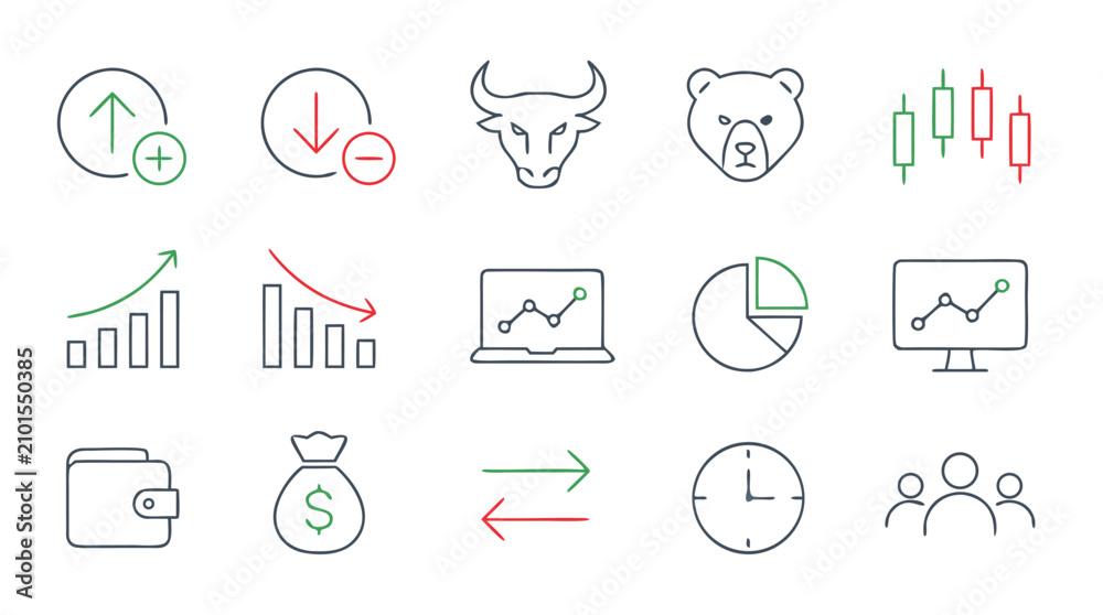 Fototapeta premium Stock trading thin line icon set with buy and sell signals, bull and bear market symbols, candlestick chart, portfolio graphs, wallet, money bag and ticker screens, editable vector collection