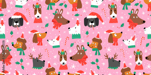 Fun hand drawn dogs with christas decoration, seamless pattern, cute background, great for fabrics, wallpapers, wrapping paper - vector
