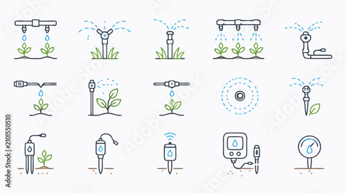 Smart irrigation line icon collection with sprinklers, drip watering, soil moisture sensors, gauges and connected controllers for farming, gardens, water saving and precision agriculture