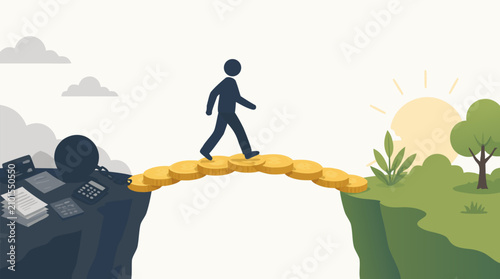 Hopeful flat vector of faceless person walking across golden coin bridge from dark debt cliff to sunny financial freedom, illustrating repayment, recovery, budgeting, resilience and new prosperity