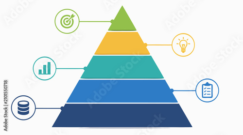 Five tier data maturity model pyramid infographic with colorful ascending levels, side icon callouts for database, metrics, checklist, innovation and goals, ideal for analytics strategy roadmaps