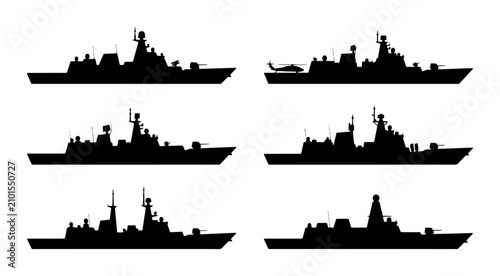 Photos Modern Warships, Naval Vessels, Military Ships Set, Silhouette Collection, Vecto