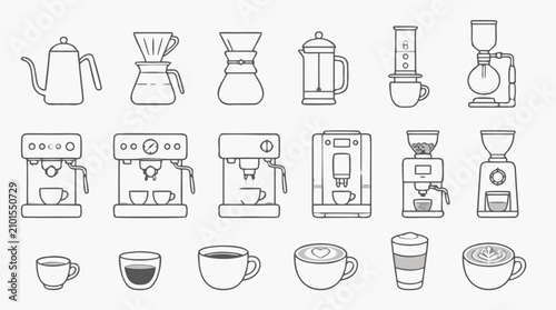 Editable stroke coffee brewing icon collection with gooseneck kettle, pour over dripper, moka style makers, espresso machines, grinders and latte cups for cafe menu, barista branding and vector art