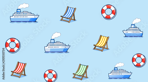 Playful cruise vacation seamless vector pattern with ocean liners, striped deck chairs and red life buoys on sky blue background for travel packaging, resort decor and nautical summer designs