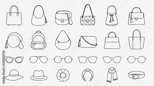Editable stroke fashion accessories icon set with handbags, clutches, backpacks, sunglasses, sun hats, scarves, belts and hair pieces in elegant minimalist vector outline style for boutique branding