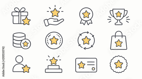 Loyalty rewards editable stroke icon collection with stars, gift, trophy, points, badges, membership card and shopping bag for customer retention marketing vector designs and loyalty apps