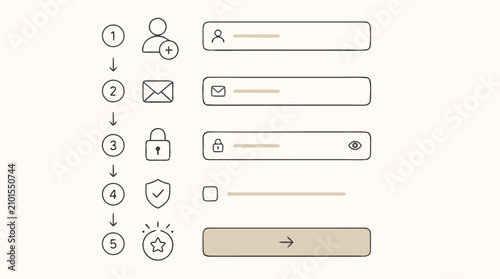 Sign up form sequence editable stroke vector illustration with numbered onboarding steps, blank input fields, email, password, consent checkbox, privacy shield and finish button UI