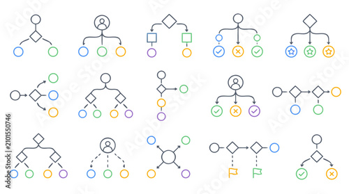 Decision tree and outcome mapping line icon collection showing branching choices, approvals, ratings, flags, user paths and option workflows for strategy planning and analytics vector diagrams