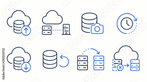 Cloud backup and disaster recovery line icon set with database upload, snapshot camera, restore clock, server migration, failover routing and secure storage symbols, editable stroke vector pack