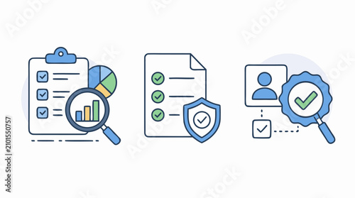 Audit compliance verification editable stroke vector illustration with checklists, reports, shields, magnifying glass, user ID and certified approval badges for business governance
