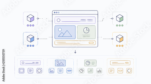 Micro frontend architecture vector illustration with modular app shell, connected UI components, widgets, dashboards and independent feature packages composed into scalable interface for engineering