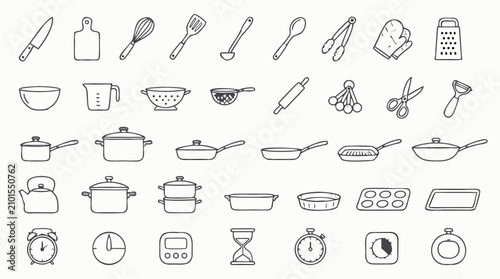 Kitchen utensils and cookware line icon set with knives, whisks, spatulas, pots, pans, kettles, bakeware, graters and cooking timers for recipe, culinary and restaurant editable vector designs