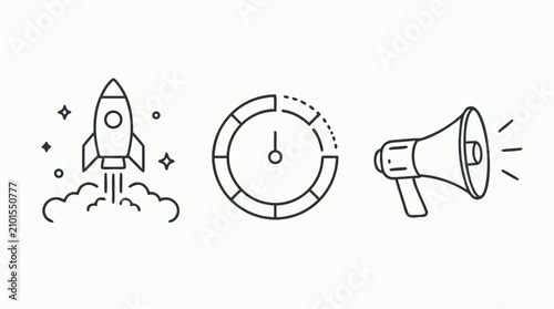 Product launch line icon set with rocket liftoff, countdown progress ring and megaphone announcement, editable stroke startup marketing vector symbols on clean white background art