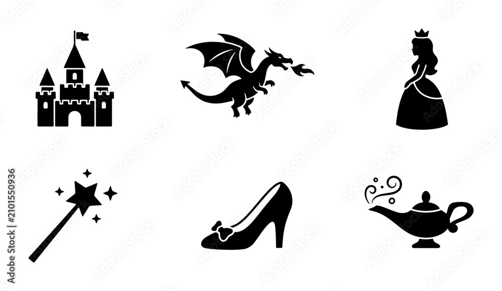 Fototapeta premium Fairytale Icons: Castle, Dragon, Princess, Magic Wand, Glass Slipper, Genie Lamp