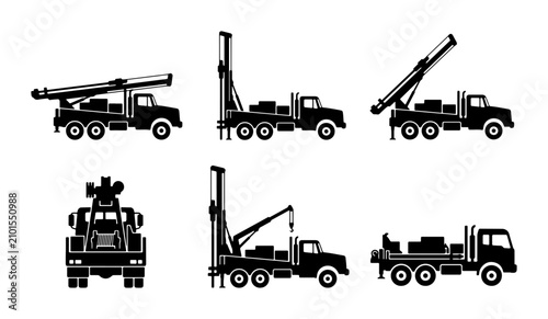Cuadro en lienzo Drilling Rig Truck Icons Set, Construction Vehicle Vector Graphics, Heavy Machin