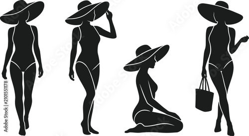 Photos Black silhouette women in swimsuits and sunhats, beach vacation icons, summer fa