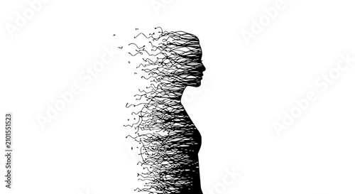 Foto Silhouette of a woman dissolving into abstract lines, symbolizing transformation