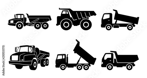 Bild auf Leinwand Dump Truck Icons Set: Construction Vehicles, Heavy Machinery, Industrial Transpo