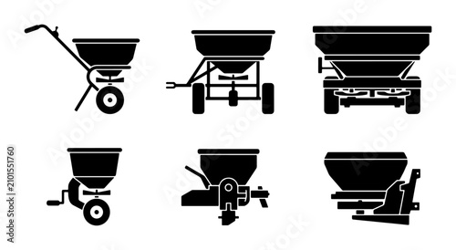 Fotografía Fertilizer Spreader Silhouettes, Lawn Care Equipment Icons, Garden Tools Vector