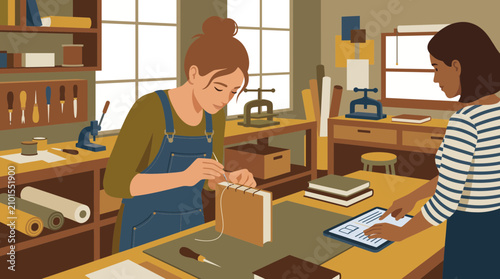 Obraz na płótnie Young Woman Bookbinder Learning New Skill in Workshop
