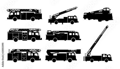 Obraz na płótnie Fire Truck Icons Set, Emergency Vehicle Silhouettes, Rescue Ladder Trucks, Firef