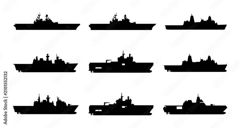 Obraz premium Modern Warship Silhouettes, Naval Fleet Icons, Military Vessel Vector Set