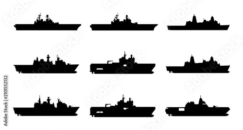 Bild auf Leinwand Modern Warship Silhouettes, Naval Fleet Icons, Military Vessel Vector Set