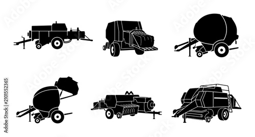Fotografía Agricultural Machinery Silhouettes: Farming Equipment Icons, Farm Vehicle Set, R