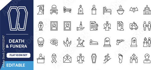 Obraz na płótnie Death and funeral line icons set memorial mourning and remembrance symbols
