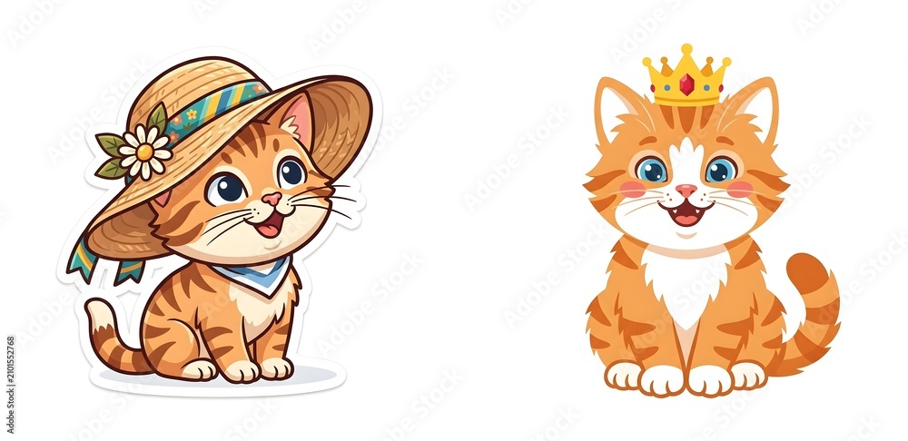 Obraz premium Cute ginger kitten stickers set, adorable orange tabby cat wearing straw hat and golden crown, whimsical feline character illustrations for kids