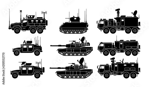 Schilderij op canvas Military Vehicles Vector Set: Tanks, Humvees, and Trucks for Defense and Warfare