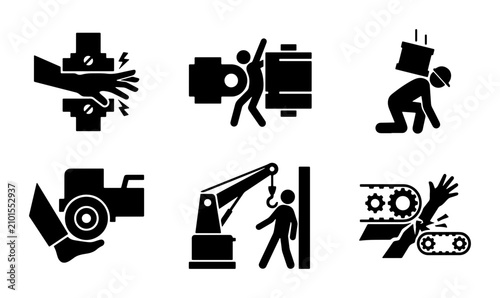 Bild auf Leinwand Industrial Safety Icons: Machine Hazards, Crushing, Falling Objects, Pinch Point