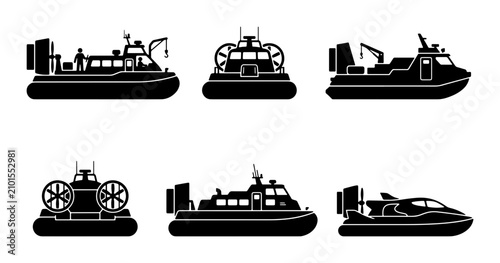 Canvastavla Hovercraft Vector Icons, Amphibious Vehicle Silhouettes, Marine Transport Collec
