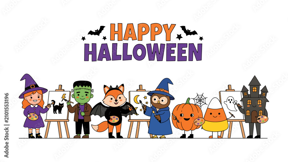 Fototapeta premium Happy Halloween Celebration: A whimsical collection of cartoon characters, including a witch, Frankenstein, a fox, an owl, a pumpkin, and a candy corn.