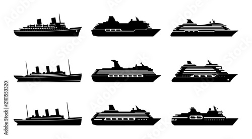 Obraz na plátně Cruise Ship Silhouettes Collection, Ocean Liner Vector Icons, Maritime Transport