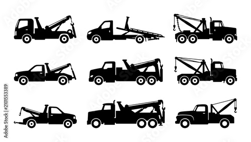 Schilderij op canvas Tow Truck Silhouettes Collection: Flatbed, Wrecker, Recovery Vehicles, Automotiv