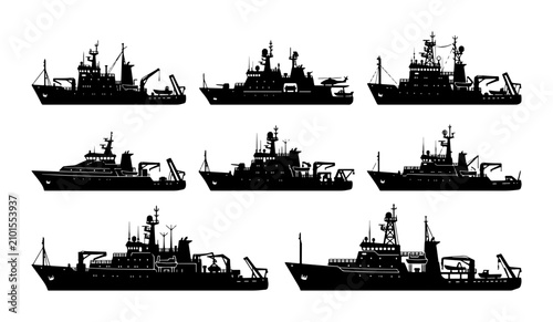 Cuadro en lienzo Research Vessel Silhouettes, Oceanographic Ships Collection, Marine Science Flee