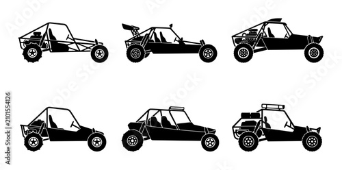 Fotografie Six Dune Buggy Silhouettes, Off-Road Vehicle Icons, Vector Set