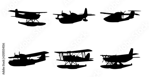 Konstfotografi Seaplane Silhouettes Collection: Vintage Amphibious Aircraft Vector Set