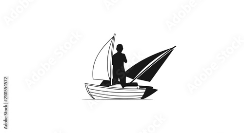Fotografie Silhouette of person standing on sailboat with billowing sails, minimalist illus