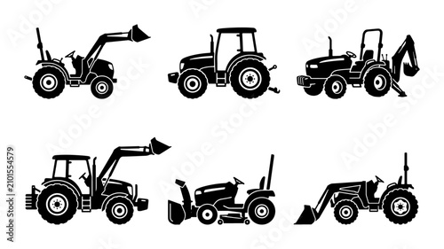 Canvastavla Tractor Icons Set, Agricultural Machinery Vector Graphics, Farm Equipment Silhou