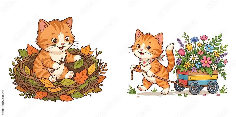 Obraz premium Cute ginger kitten illustrations, set of 2 cartoon cats in autumn nest and pulling flower cart, whimsical orange tabby kitten characters