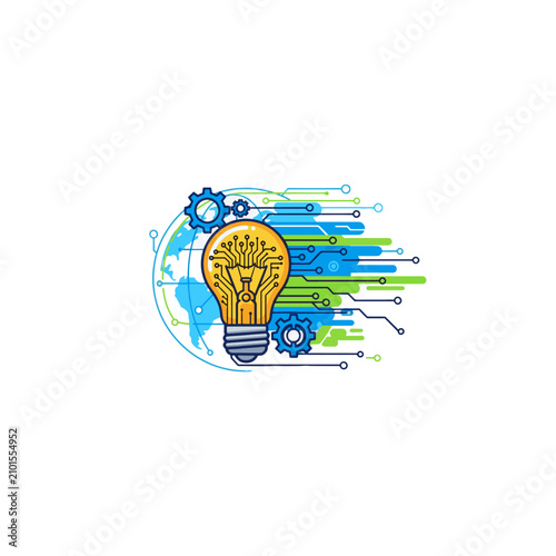 A futuristic light bulb surrounded by digital icons, symbolizing a high-tech concept