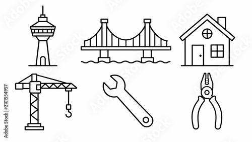 Photos Black and white line art tools and objects.