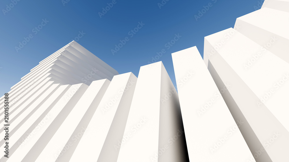 Obraz premium Low-angle 3D render of white minimalist parametric architecture against a blue sky
